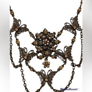 VINTAGE COPPER TONED WITH AMBER RHINESTONES/BUTTERFLY NECKLACE SUEDE CHAIN ADJ